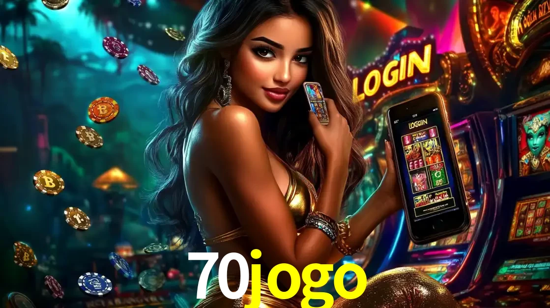 Mulher em um cenário de cassino temático de aventura, mostrando o app de caça-níqueis da 70jogo no celular. Fichas de apostas flutuam ao redor.