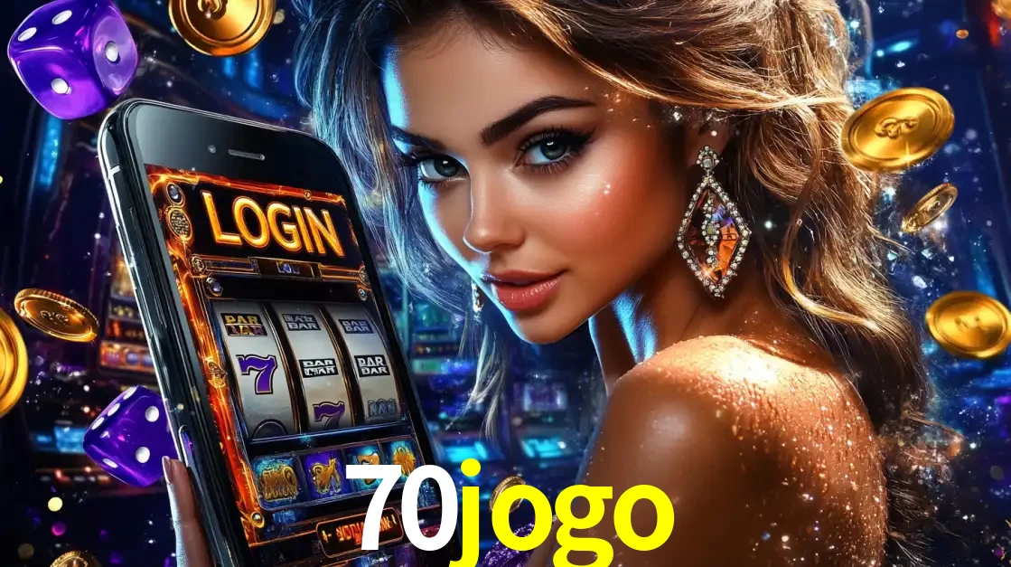Mulher glamorosa segurando um smartphone com a tela de login para os jogos de caça-níqueis do cassino online 70jogo, com moedas de ouro e dados ao redor.