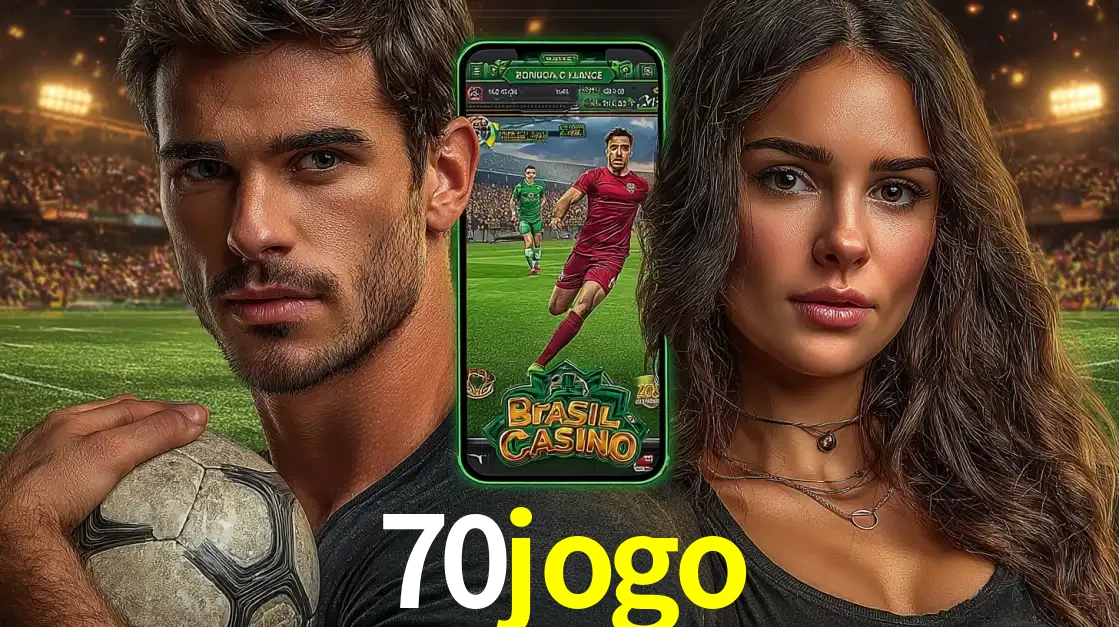 Homem segurando uma bola de futebol e uma mulher ao lado de um smartphone exibindo o jogo de apostas esportivas da 70jogo. Faça seu palpite no cassino online.